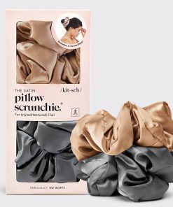 Charcoal & Gold Satin Pillow Scrunchies 2pc Set